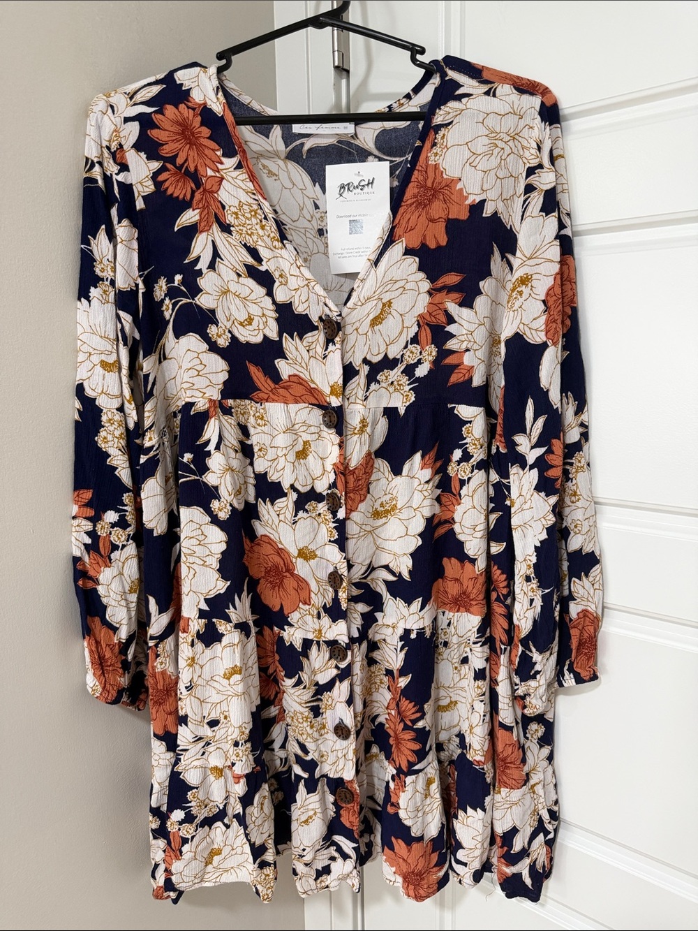“Ces Femme” Floral V-Neck Button Tunic - Navy with Cream & Rust Flowers Dress M